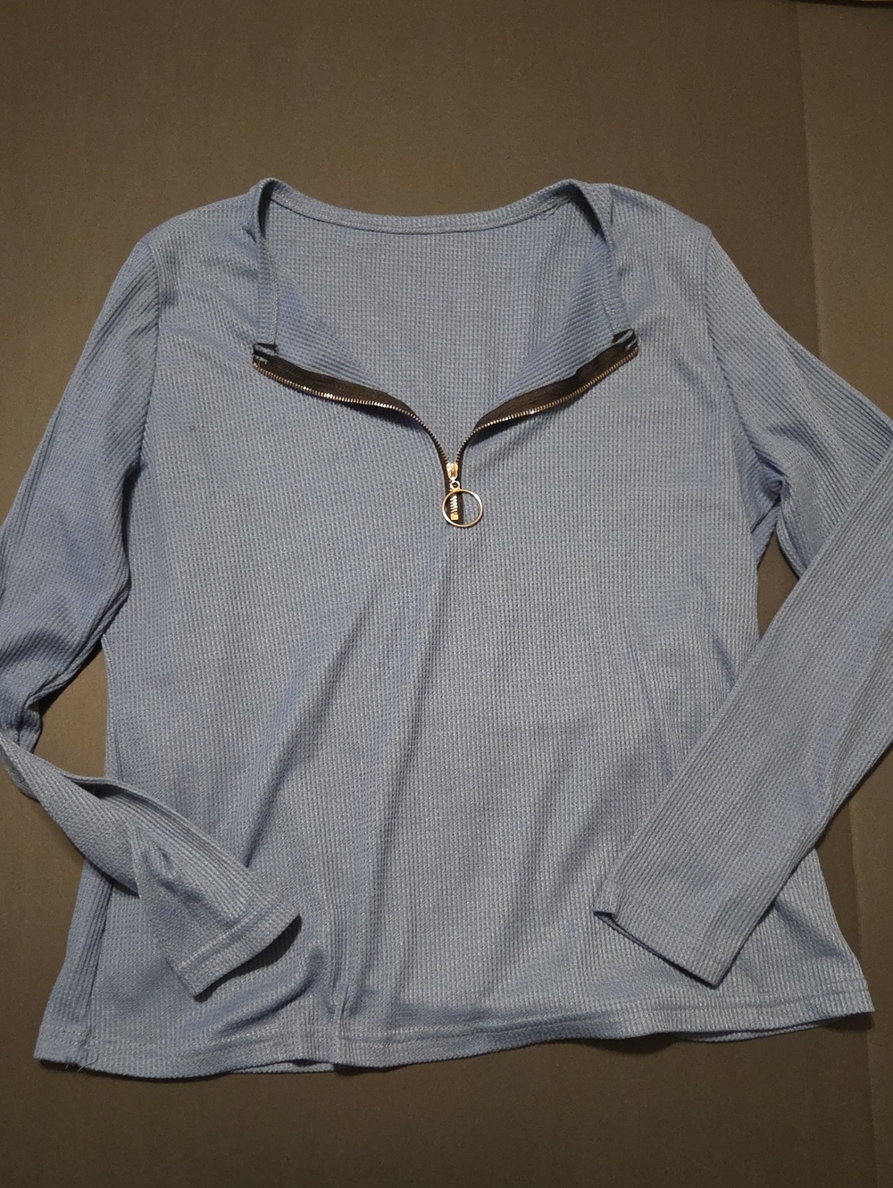 Ribbed Light Blue Long-Sleeve Top with Zip Detail Y2K Waffle